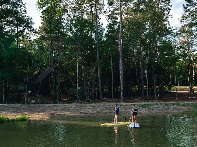Two people standing on paddleboards in the middle of the pond, ringed by tall pines