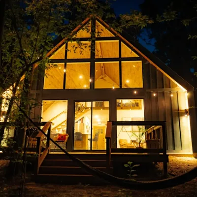 Cardinal cabin at dusk