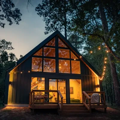 Hummingbird cabin at Lost Forest Cabins, lit from inside at dusk