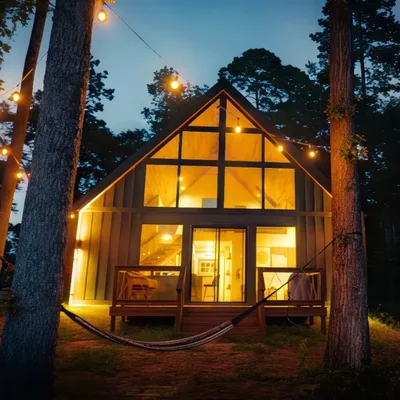 Mullein cabin at Lost Forest Cabins, lit from inside at dusk