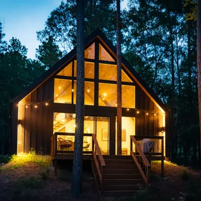 Passionflower cabin at Lost Forest Cabins, lit from inside at dusk