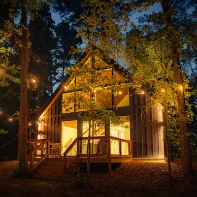 Tree Frog cabin at Lost Forest Cabins, lit from inside at dusk