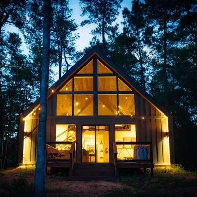 Turkey Tail cabin at Lost Forest Cabins, lit from inside at dusk