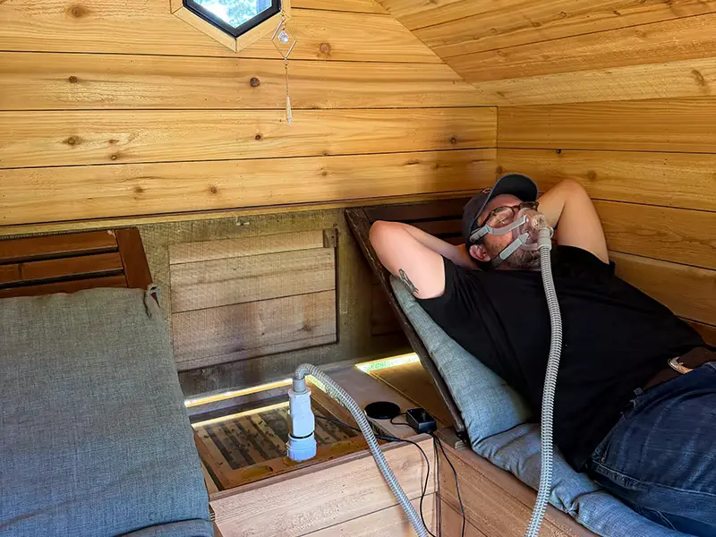 A guest resting on a bench inside the wood-lined bee house, breathing through a mask connected to the hives below
