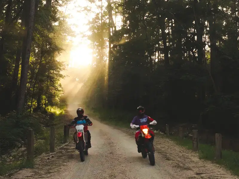 Two dirt bike riders on a gravel forest road with sunlight streaming through the pines