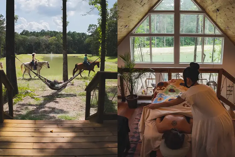 Riders on horseback passing a hammock by the pond, beside a massage in a cabin with a large A-frame window