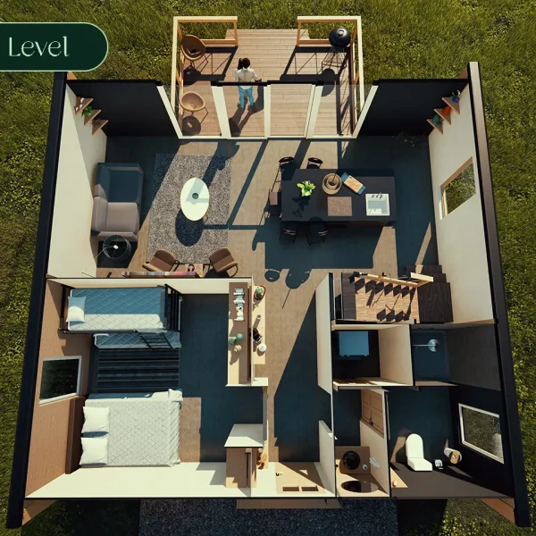 Render lower level_queen bed + loft bed